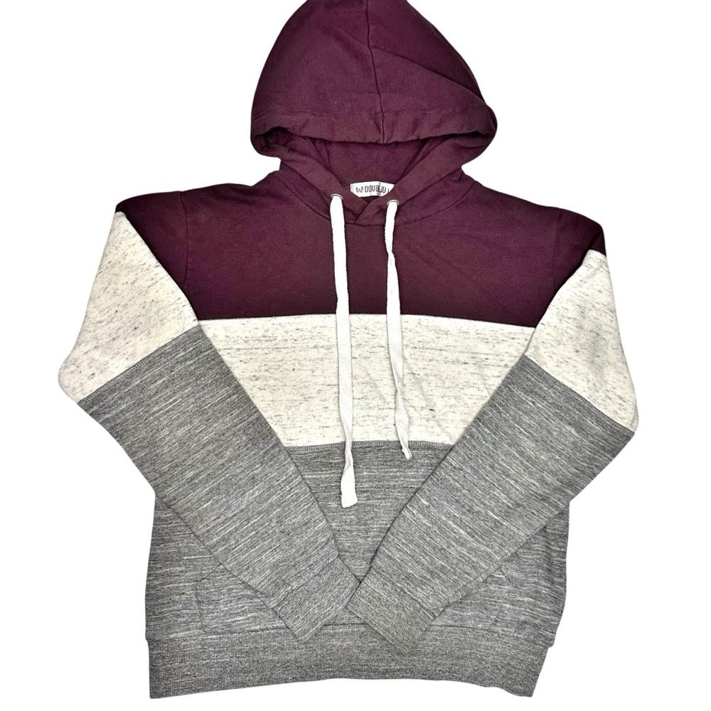Women's Striped Hoodie | Large | Maroon Gray White Pullover Lightweight